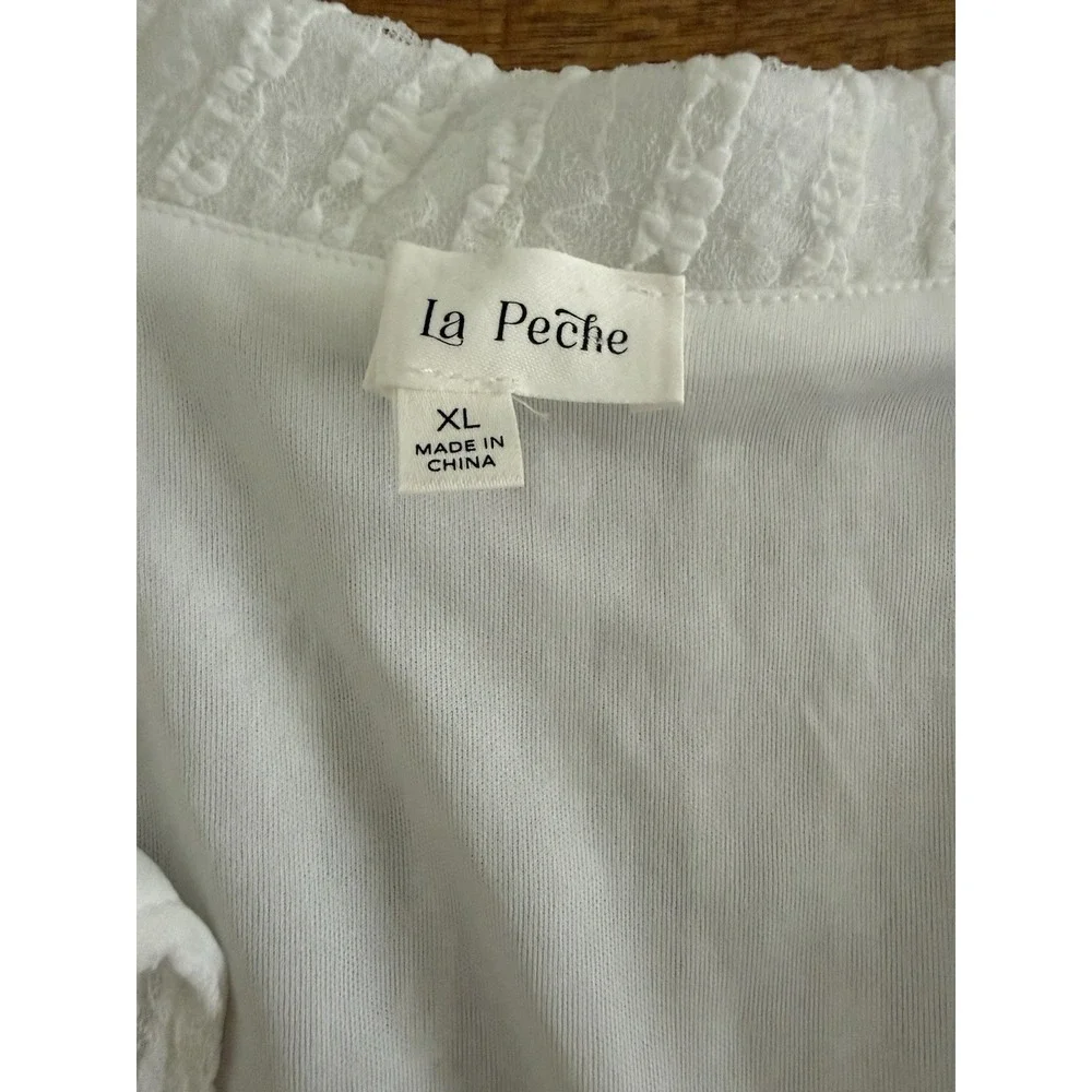 La Peche Lace Peplum Vest Top XL White Sheer Tie Front Cottagecore Boho Bridal - Picture 2 of 6